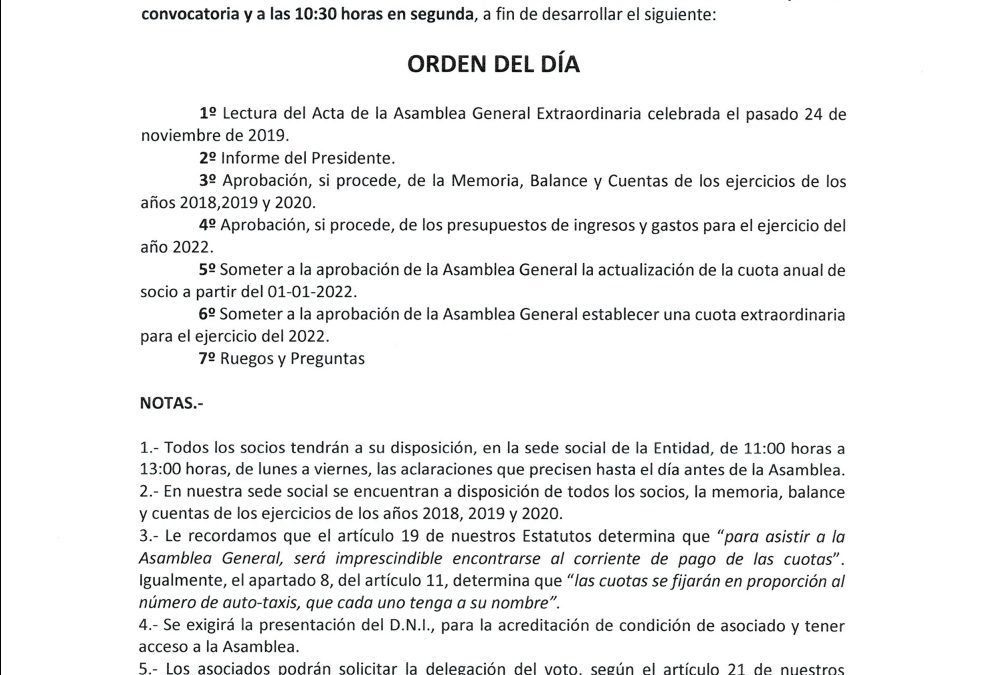CONVOCATORIA DE ASAMBLEA GENERAL ORDINARIA DE LA ASOCIACIÓN GREMIAL DE AUTOTAXI DE MADRID