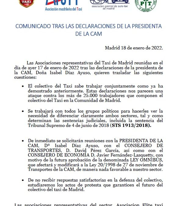 COMUNICADO CONJUNTO DE LAS ASOCIACIONES DEL SECTOR DEL TAXI TRAS LAS DECLARACIONES DE LA PRESIDENTA DE LA COMUNIDAD DE MADRID, ISABEL DÍAZ AYUSO