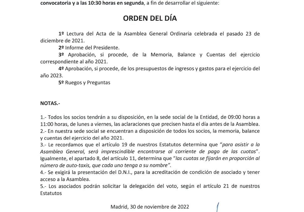 CONVOCATORIA DE ASAMBLEA GENERAL ORDINARIA DE LA ASOCIACIÓN GREMIAL DE AUTO TAXI DE MADRID