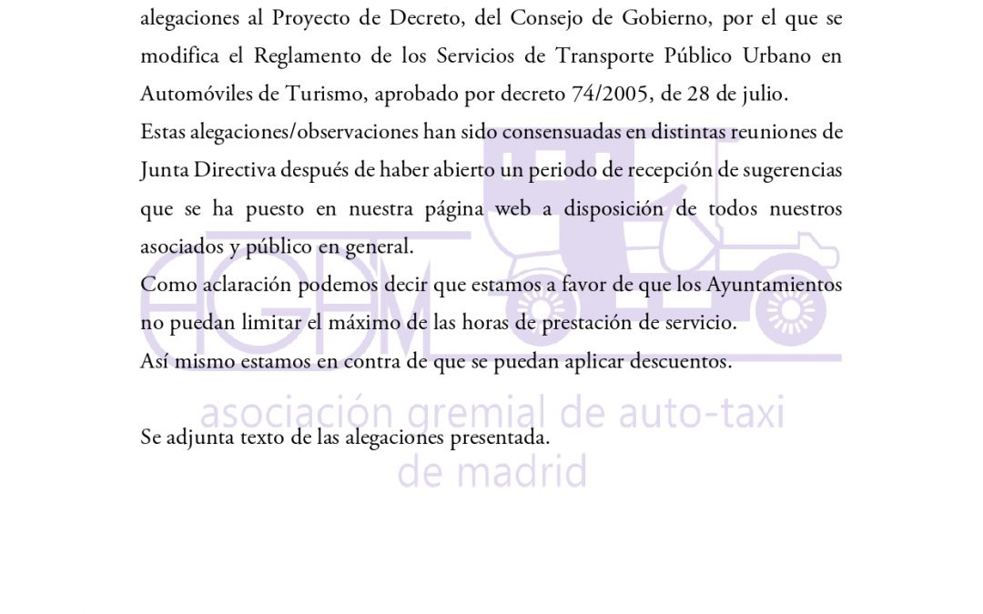 COMUNICADO ASOCIACIÓN GREMIAL DE AUTO TAXI DE MADRID: ALEGACIONES AL REGLAMENTO