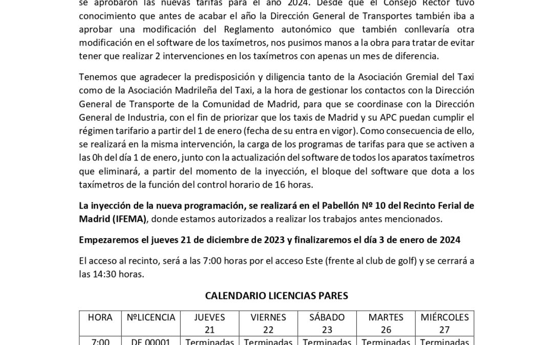 PUBLICADO EL CALENDARIO DE INYECCIÓN DE TARIFAS DE COOPERATIVA