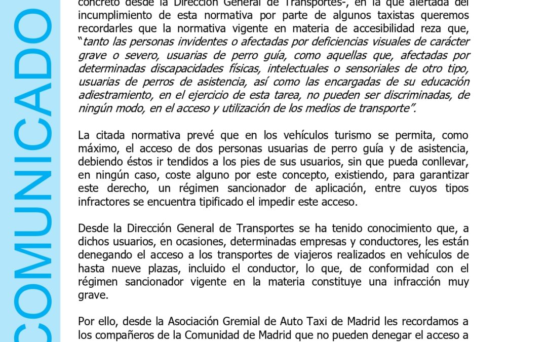 COMUNICADO ASOCIACIÓN GREMIAL DE AUTO TAXI DE MADRID SOBRE EL TRASLADO DE PERSONAS INVIDENTES