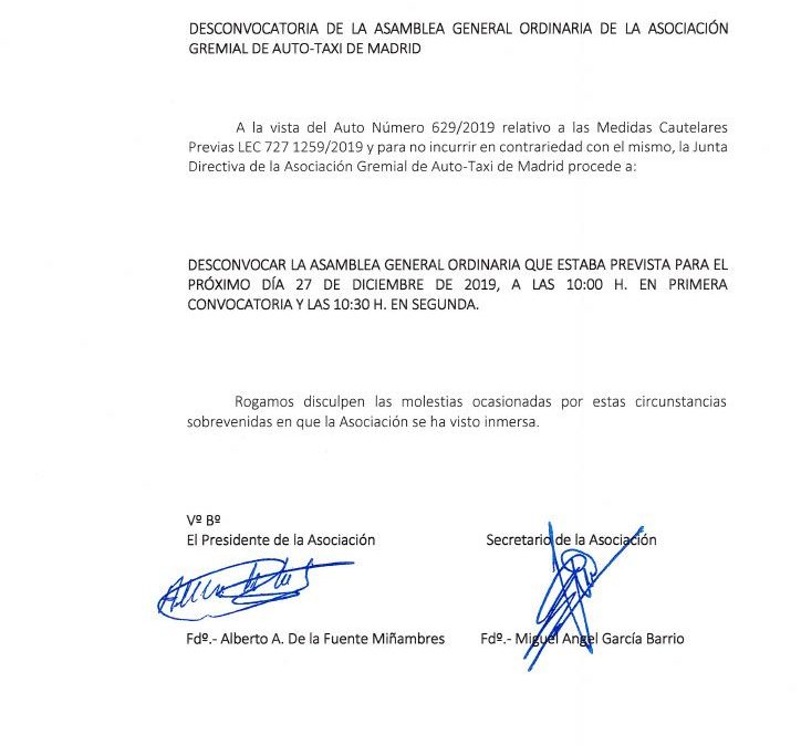 DESCONVOCADA ASAMBLEA DEL 27-12-2019