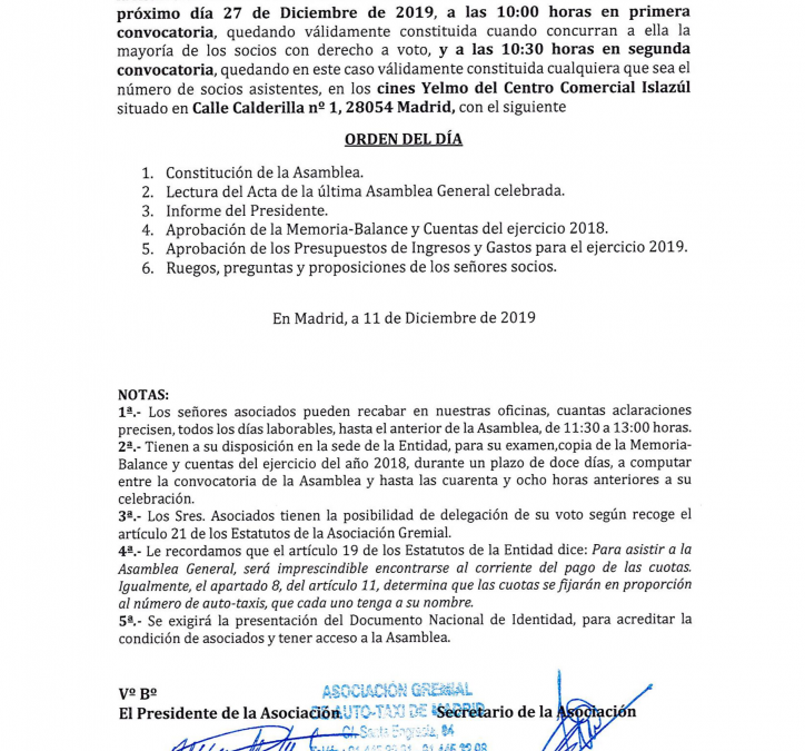 CONVOCATORIA ASAMBLEA GENERAL ORDINARIA