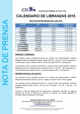 Calendario de libranzas 2015