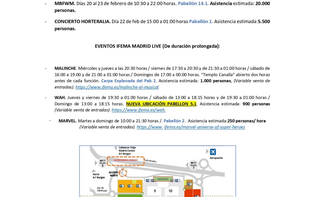 INFORMACIÓN Y ACCESOS A LOS EVENTOS DE IFEMA MADRID DEL 11 AL 23 DE FEBRERO