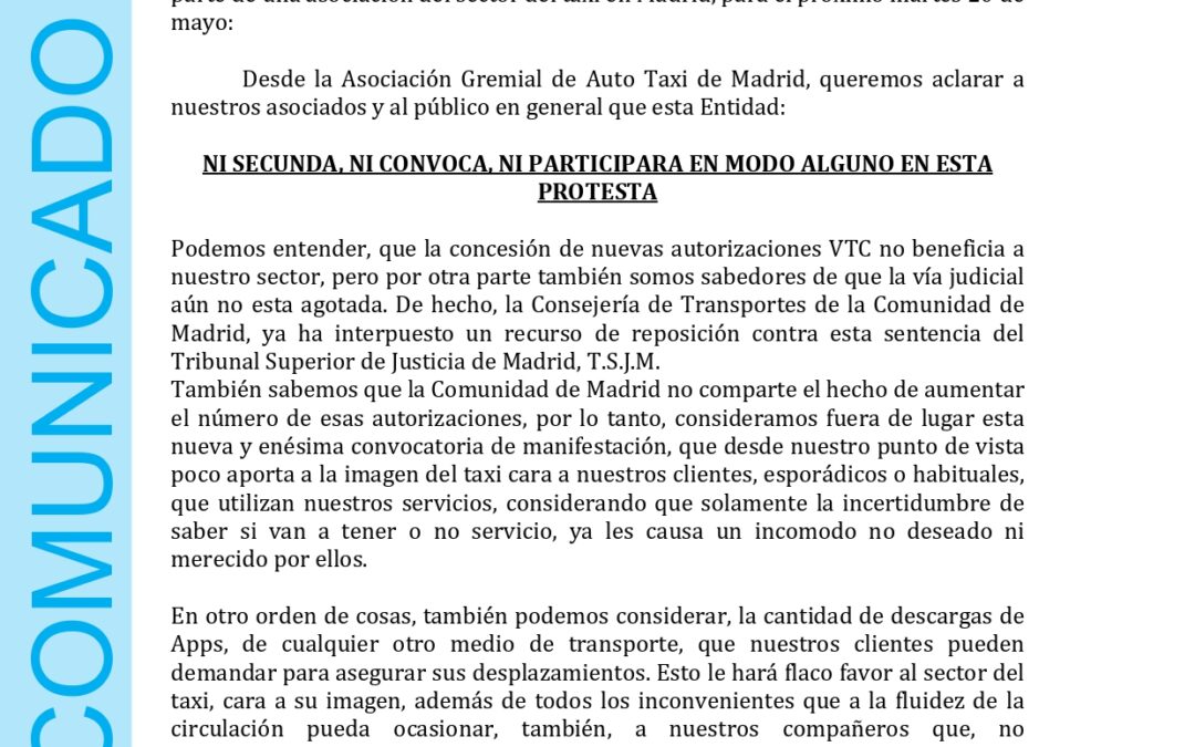 COMUNICADO DE LA ASOCIACIÓN GREMIAL DE AUTO TAXI DE MADRID