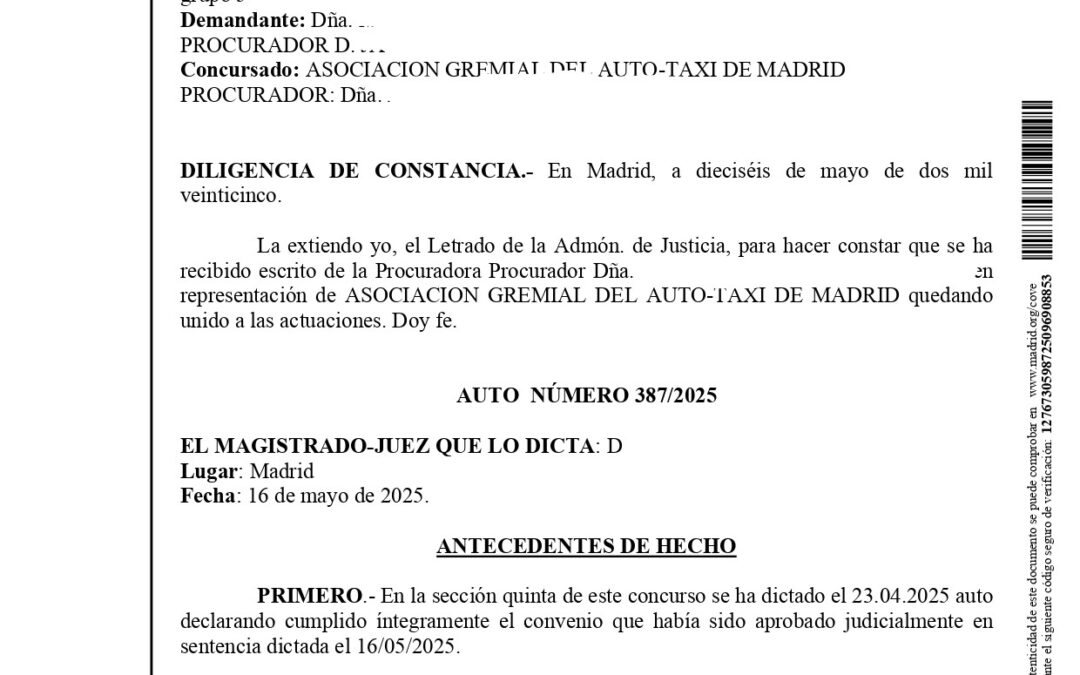 COMUNICADO ASOCIACIÓN GREMIAL DE AUTO TAXI DE MADRID. FIN DEL CONCURSO DE ACREEDORES