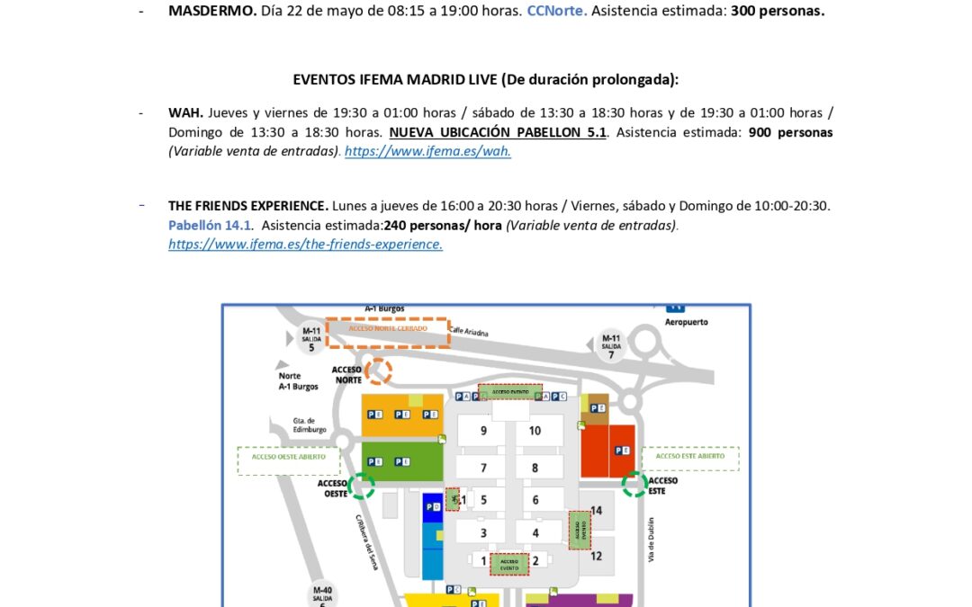 INFORMACIÓN SOBRE EVENTOS EN IFEMA DEL 19 AL 24 DE MAYO