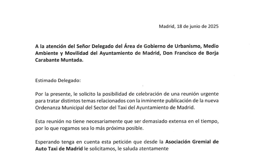 GREMIAL SOLICITA UNA REUNIÓN CON EL DELEGADO DEL ÁREA DE GOBIERNO DE URBANISMO, MEDIO AMBIENTE Y MOVILIDAD