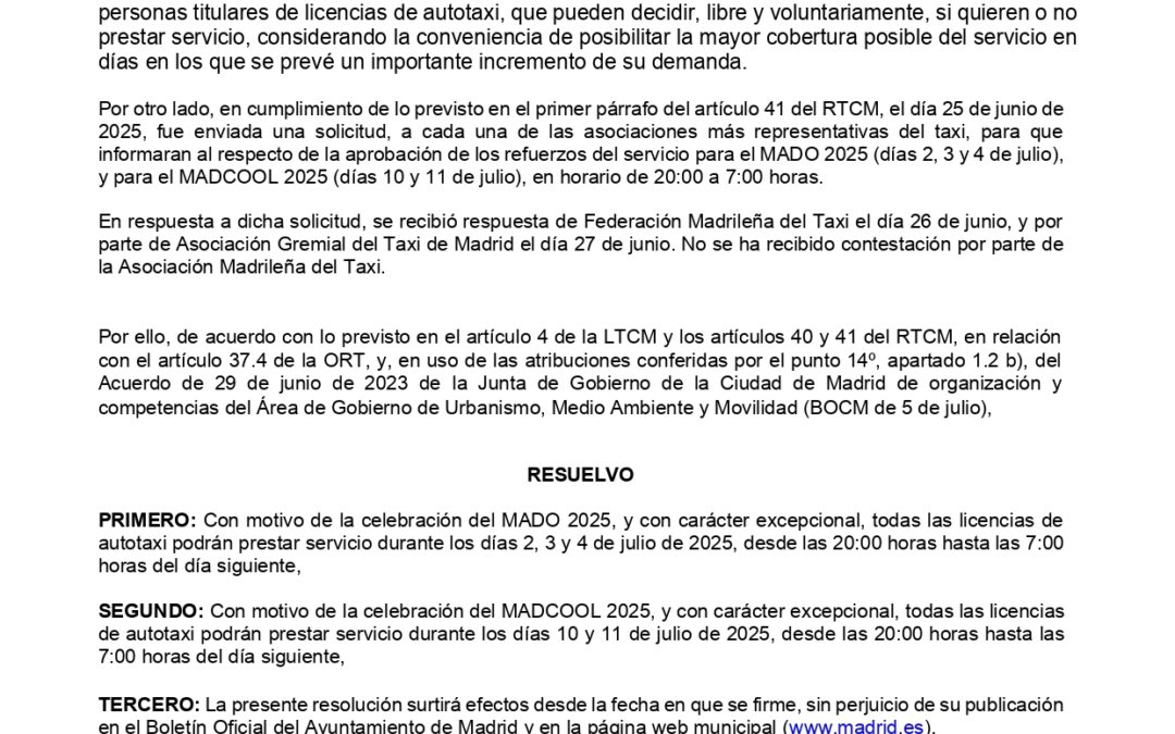 APROBADO EL REFUERZO DE TAXI CON MOTIVO DE LA CELEBRACIÓN DEL MADO Y EL MADCOOL 2025