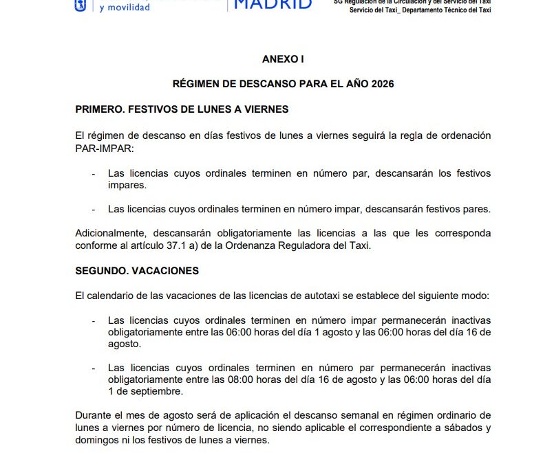 APROBADO EL RÉGIMEN DE DESCANSOS PARA LAS LICENCIAS DE AUTOTAXI PARA EL AÑO 2026