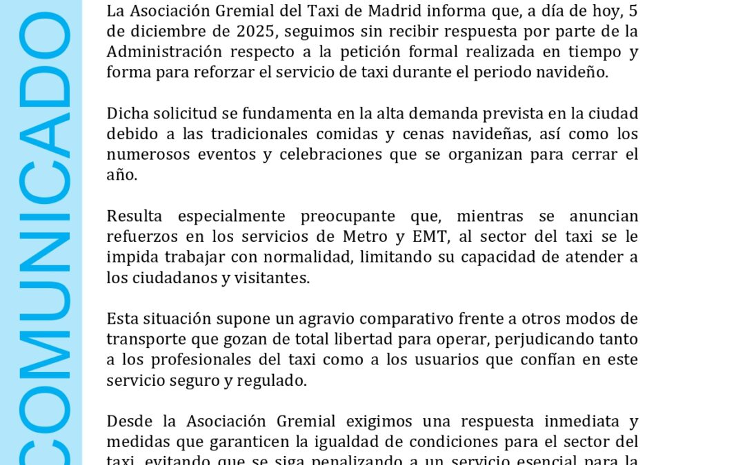 LA ASOCIACIÓN GREMIAL DEL TAXI DENUNCIA LA FALTA DE RESPUESTA SOBRE EL REFUERZO DEL SERVICIO EN NAVIDAD