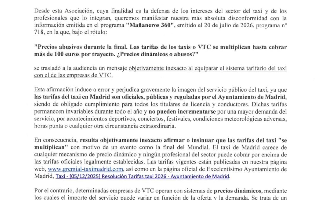 LA ASOCIACIÓN GREMIAL SOLICITA UNA RECTIFICACIÓN AL PROGRAMA MAÑANEROS 360 DE LA 1 POR LAS INFORMACIONES INEXACTAS VERTIDAS SOBRE LAS TARIFAS DE TAXI